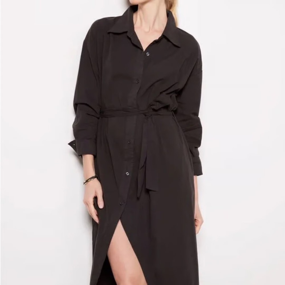 MONROW Cotton Poplin Black Belted Midi Shirt Dress NWT Medium